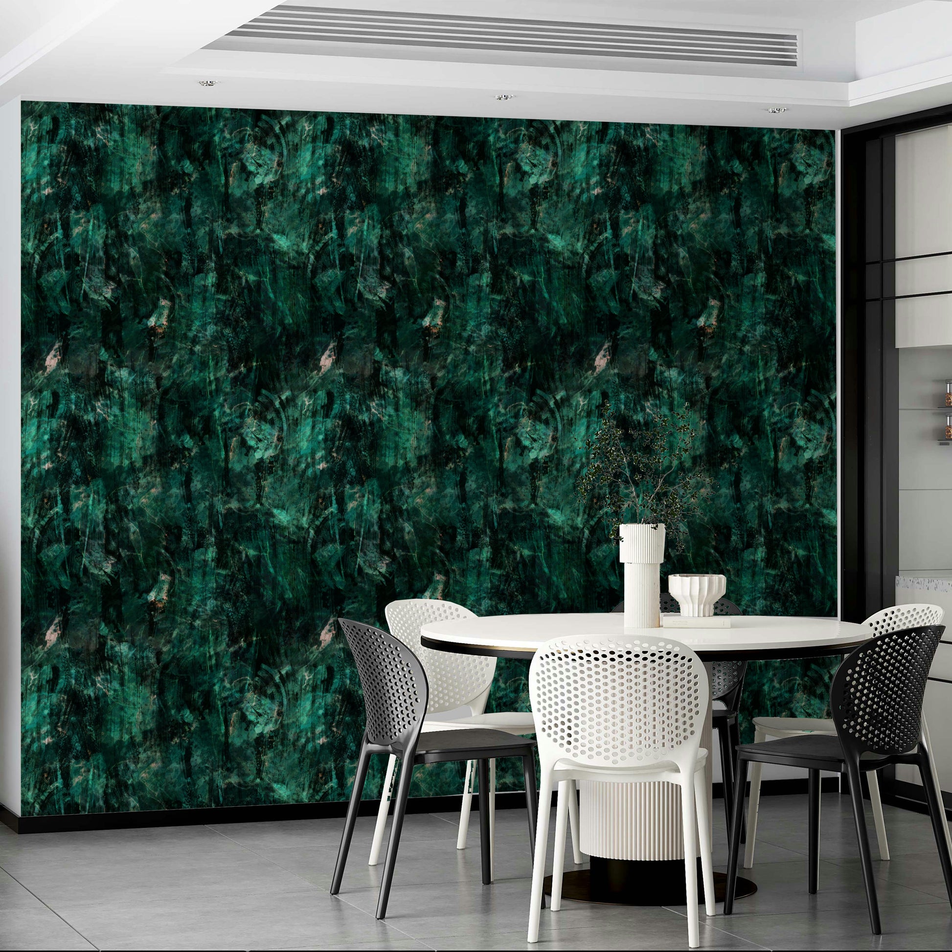 A beautiful modern living room with a solid emerald wall mural.

