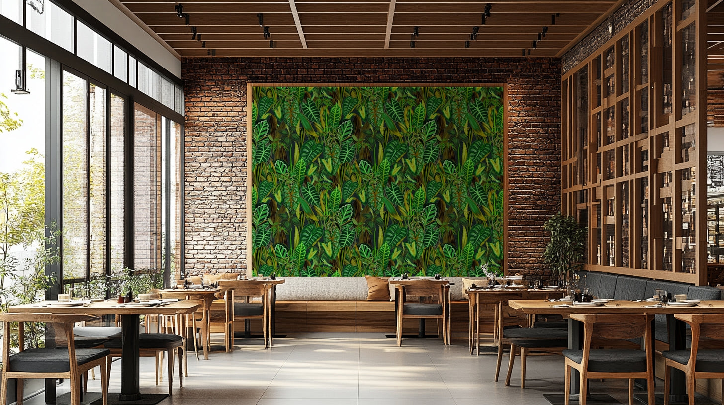 The wallpaper is used to create a feature wall in a dining room.

