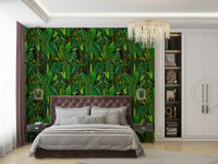 A beautiful modern living room with an exotic foliage mural.

