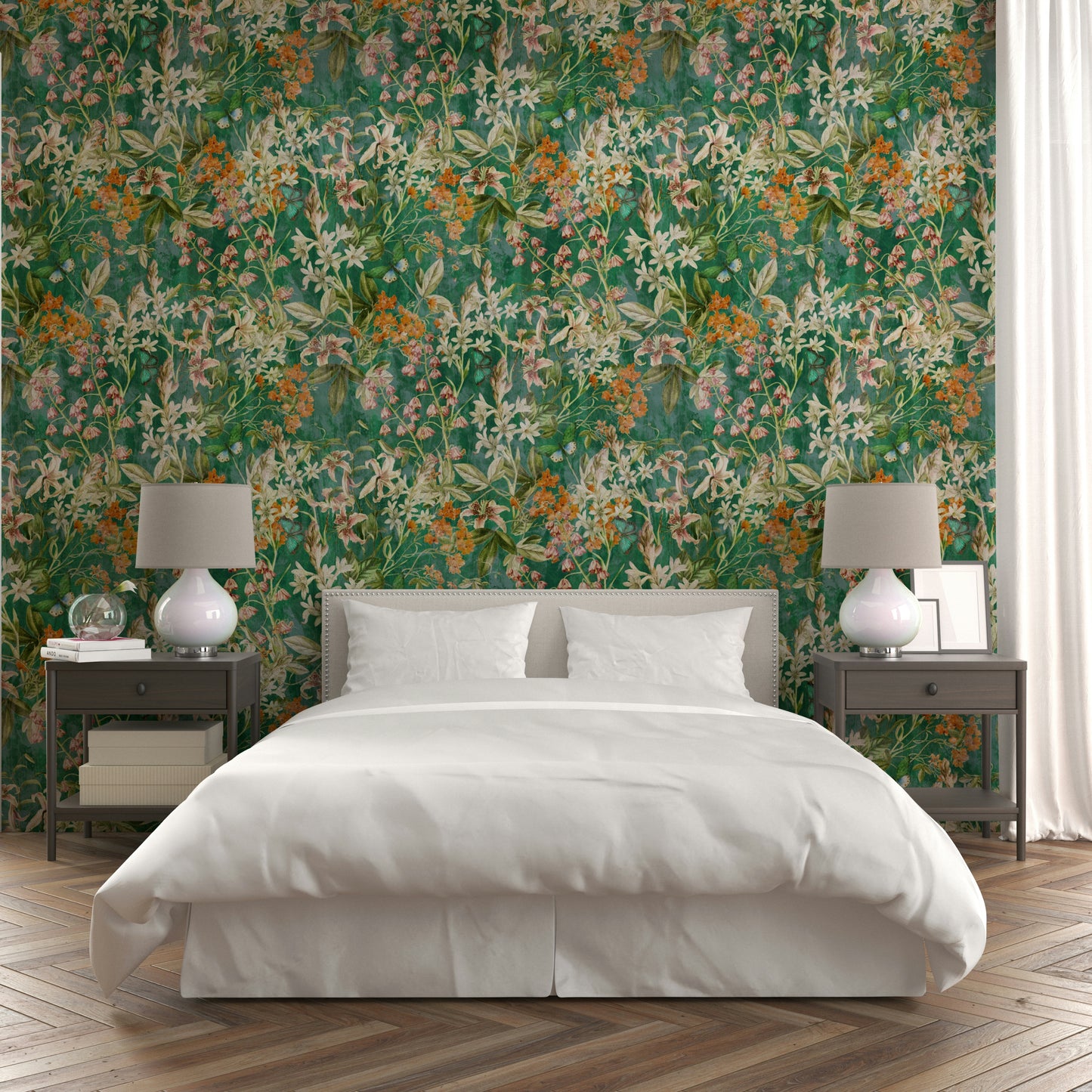 The wallpaper is used as a feature wall in a bedroom.


