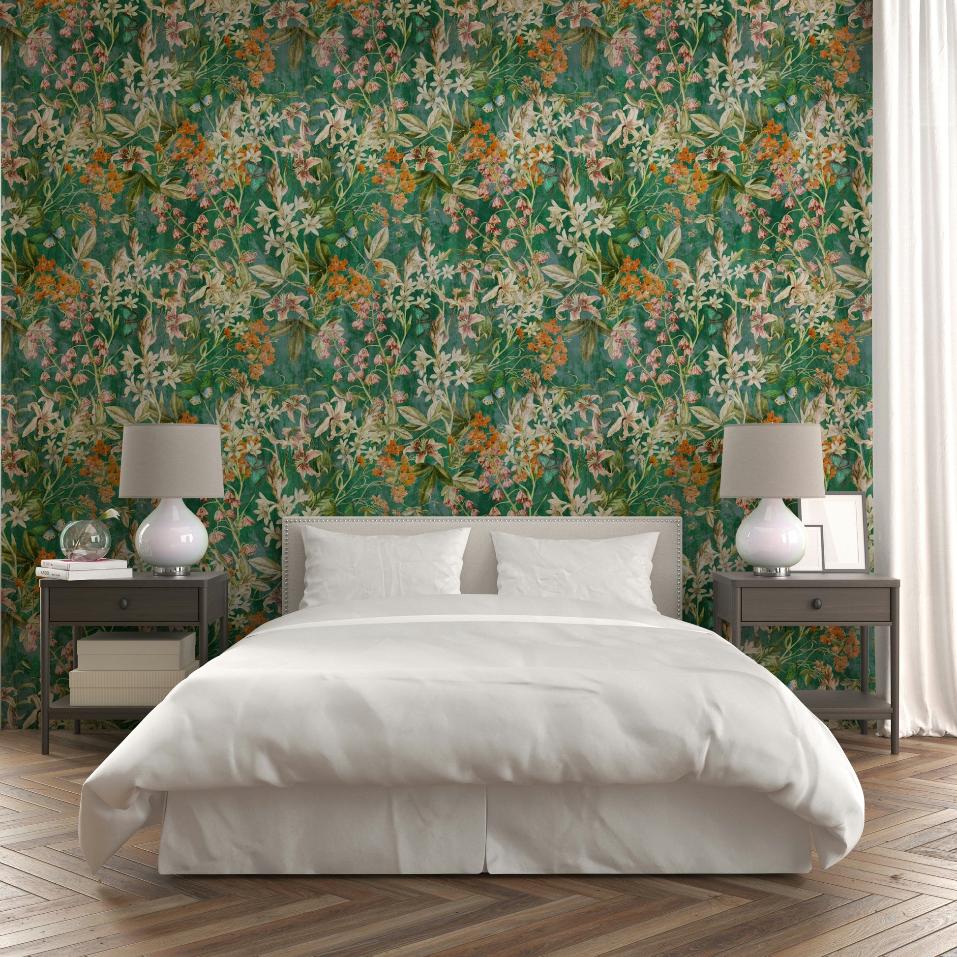 The wallpaper is used as a feature wall in a bedroom.

