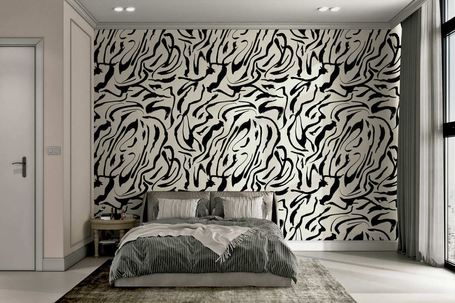 A bedroom with the artistic mural behind the headboard.

