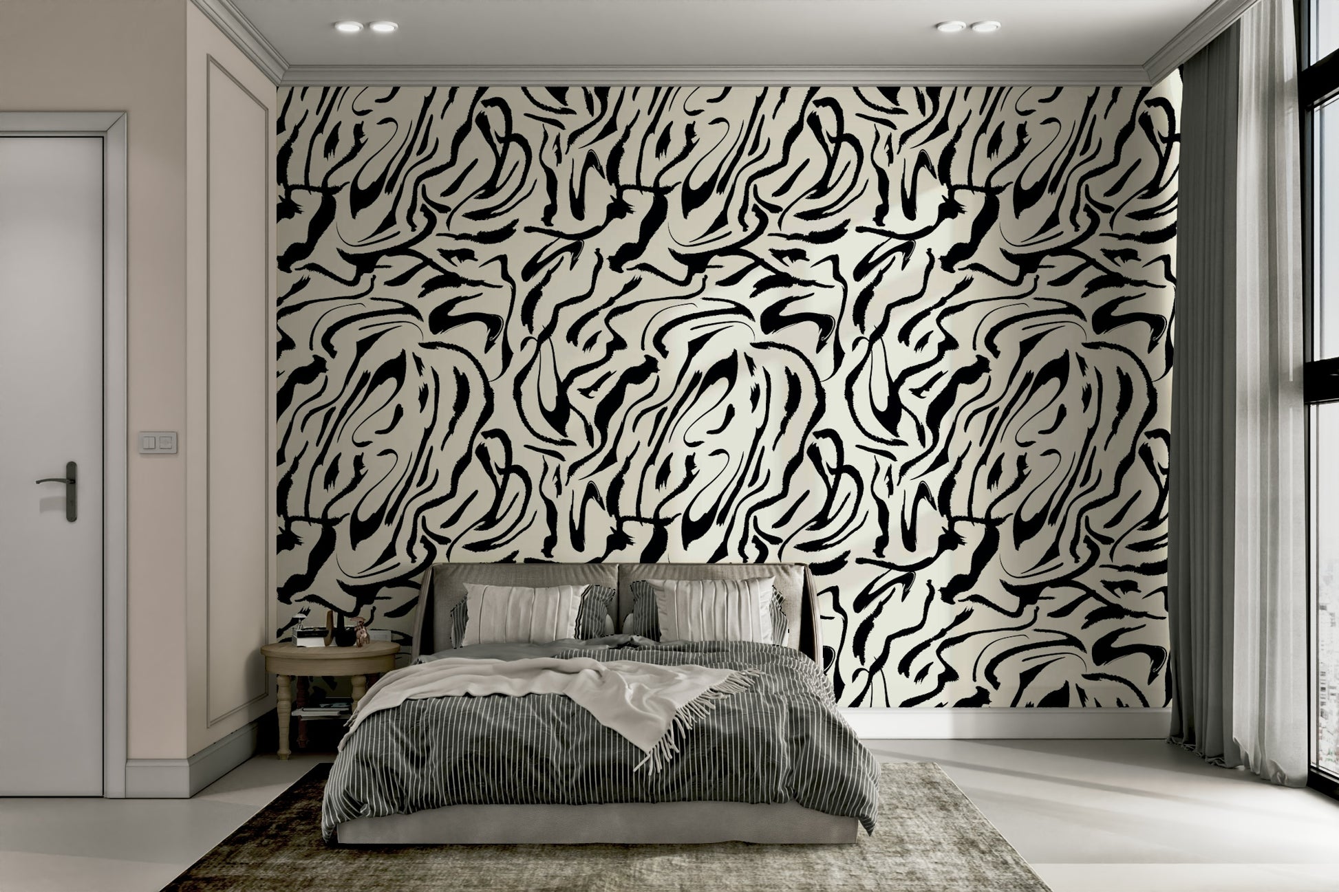 A bedroom with the artistic mural behind the headboard.

