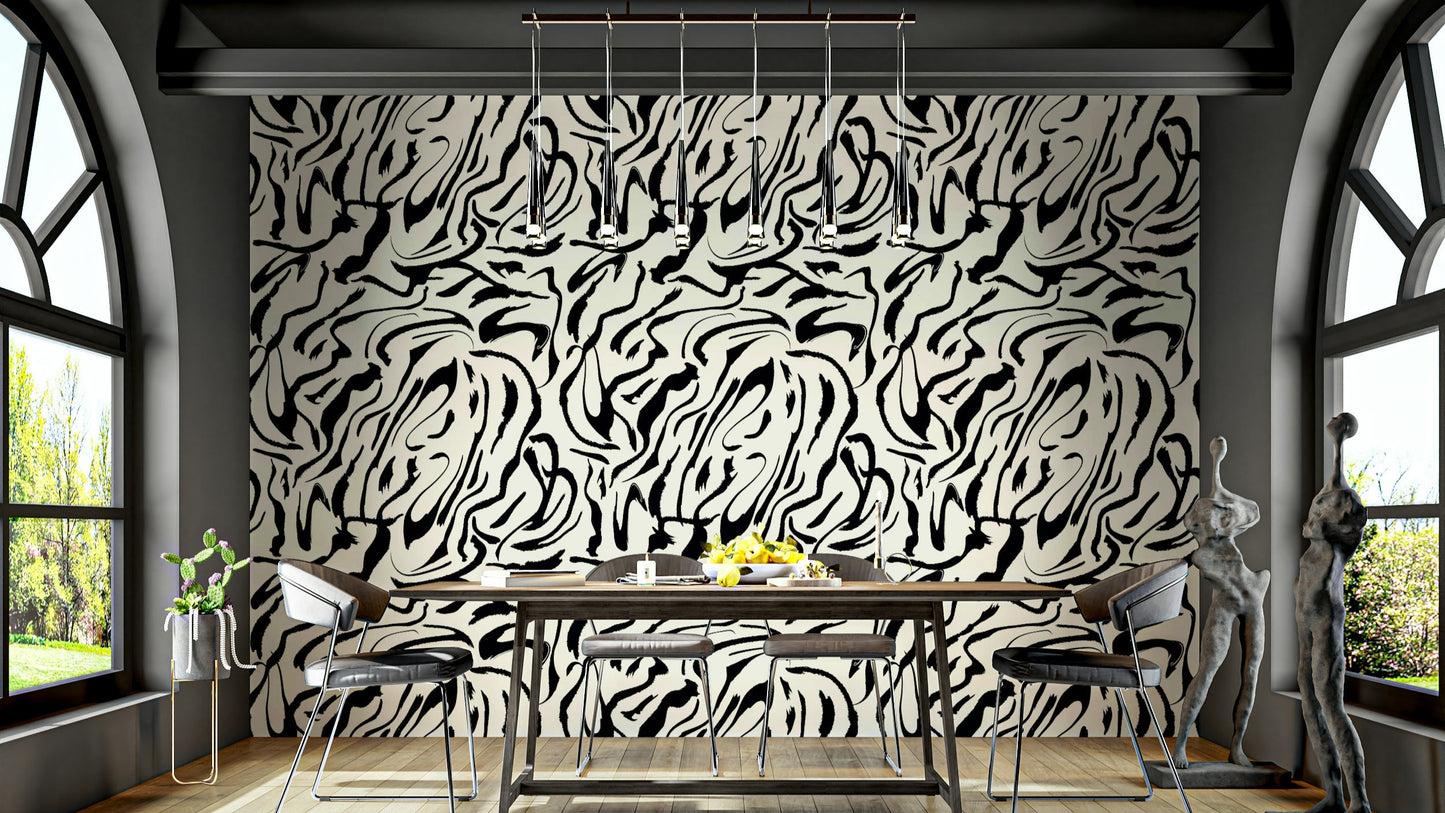 A beautiful modern living room with a painted lines mural.

