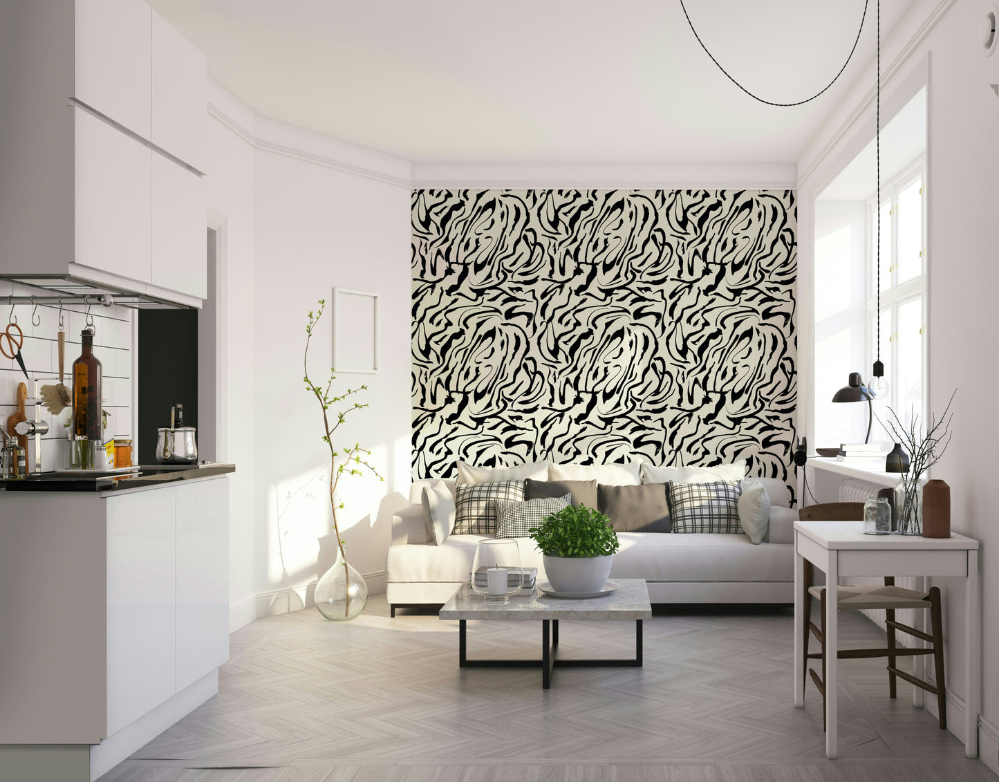 The wallpaper is used to create a feature wall in a dining room.


