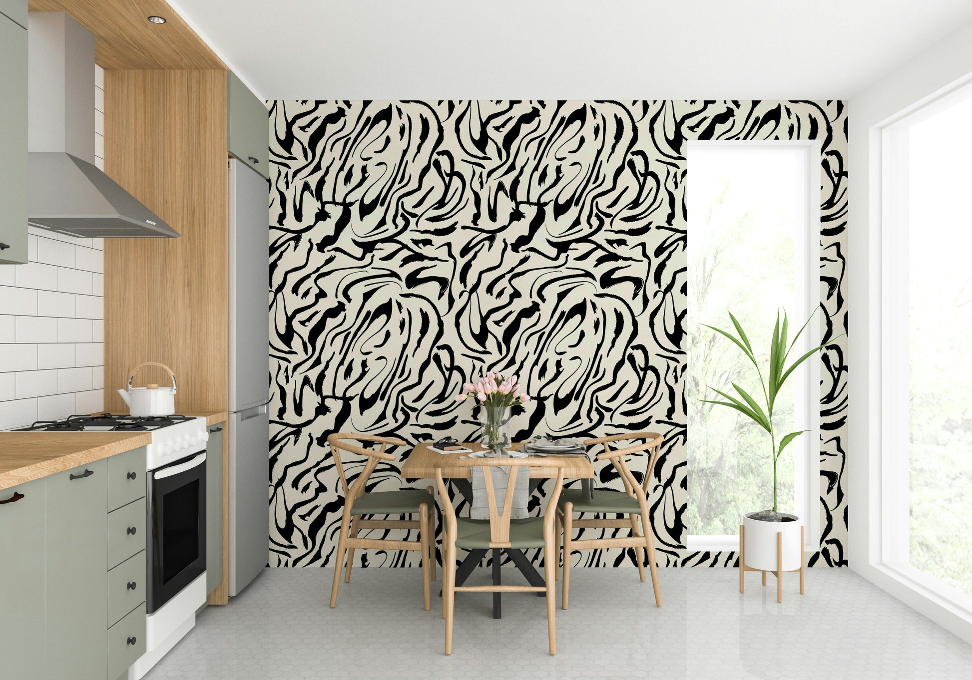 A minimalist home office with the painted lines wallpaper.

