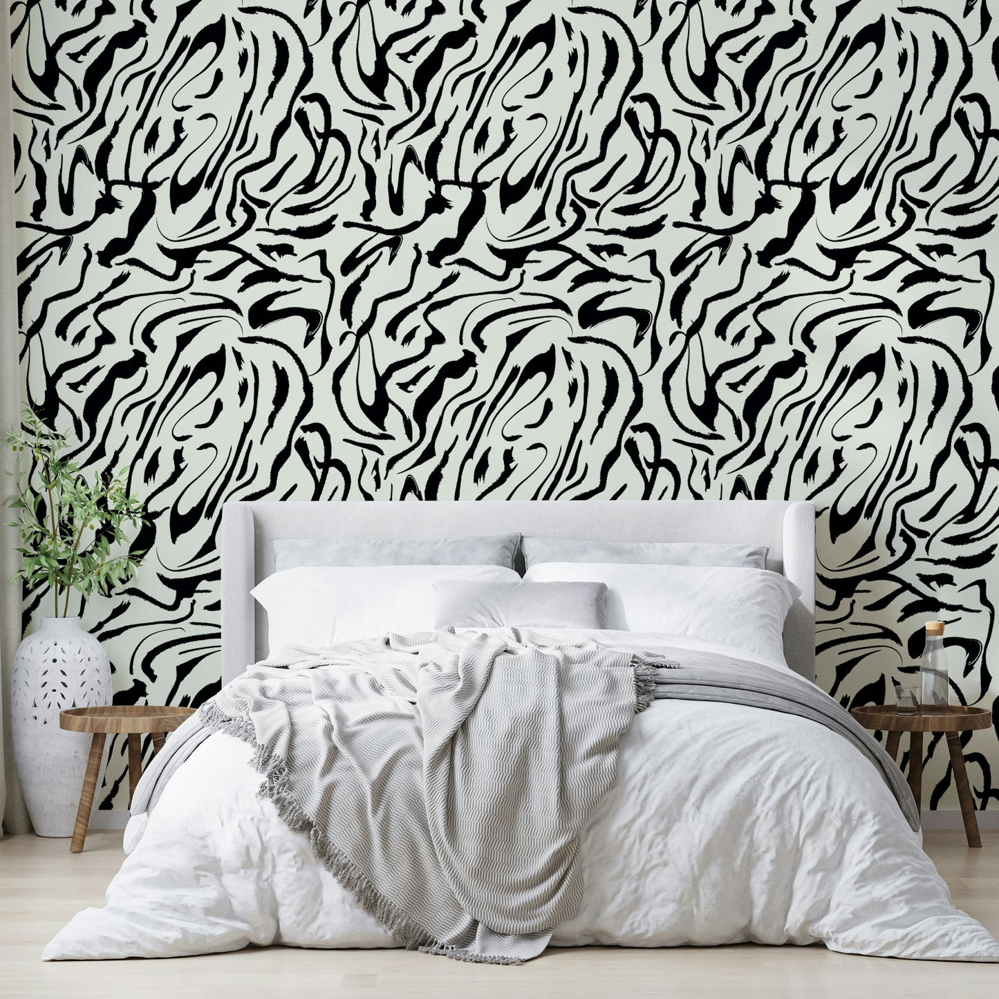 The peel and stick wallpaper on a smooth wall surface.


