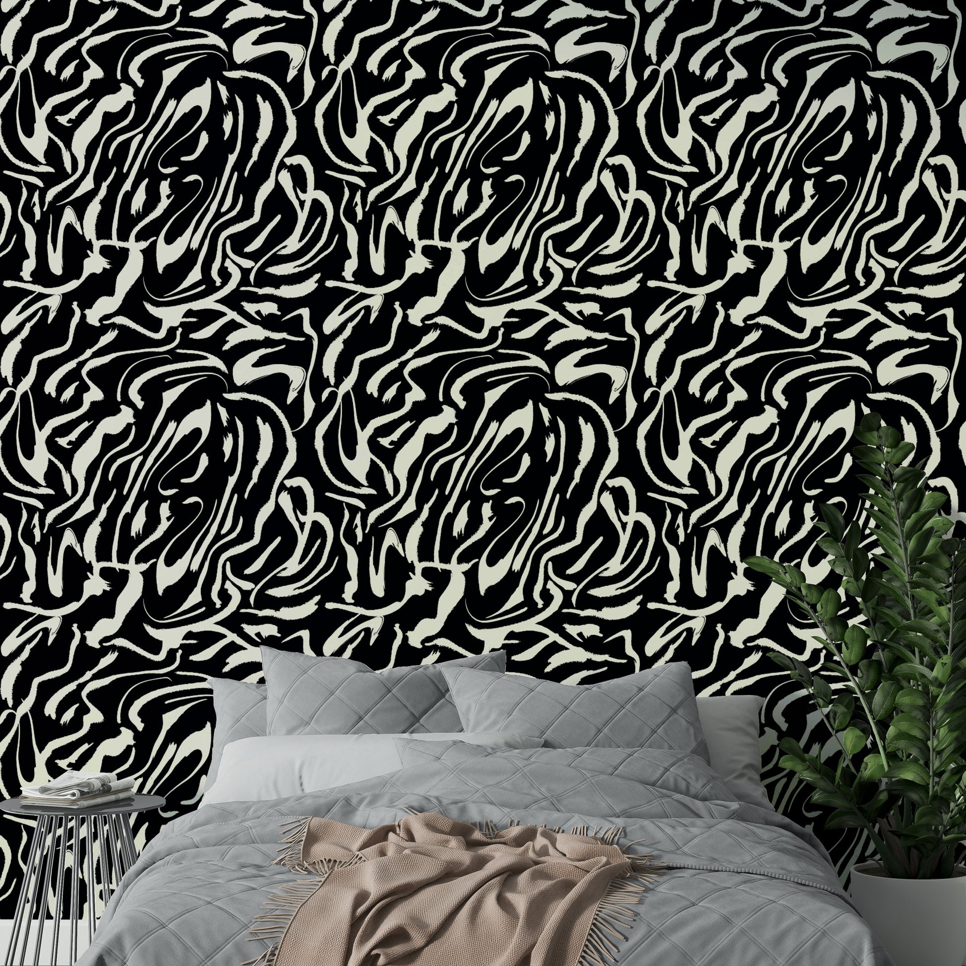 The peel and stick wallpaper on a smooth wall surface.

