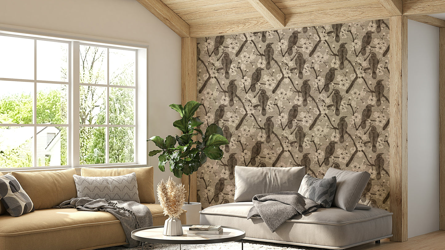 A close-up of the detailed texture of the crow and flowers.

