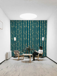 A contemporary living room with a boho striped wall mural.

