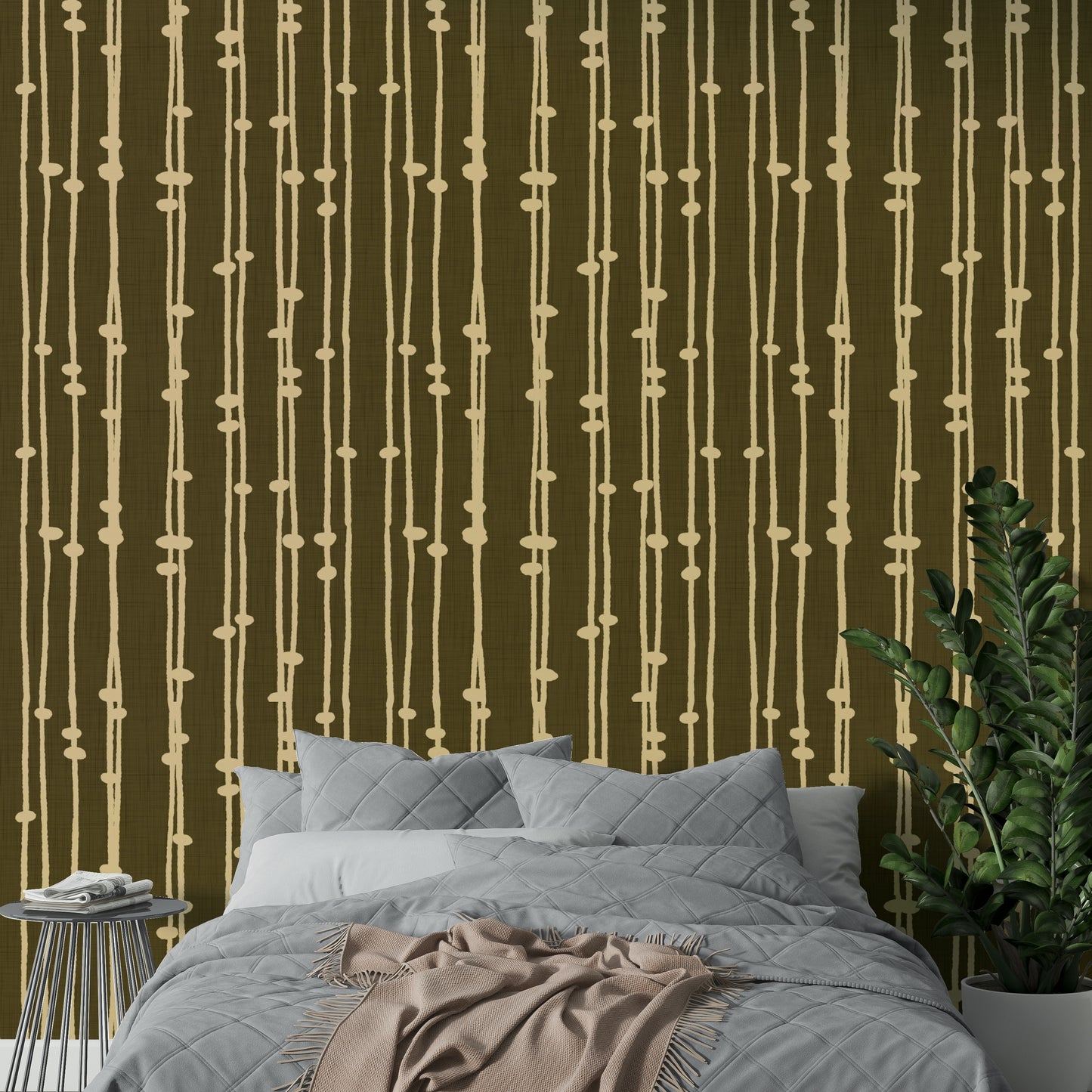 A contemporary living room with a boho striped wall mural.

