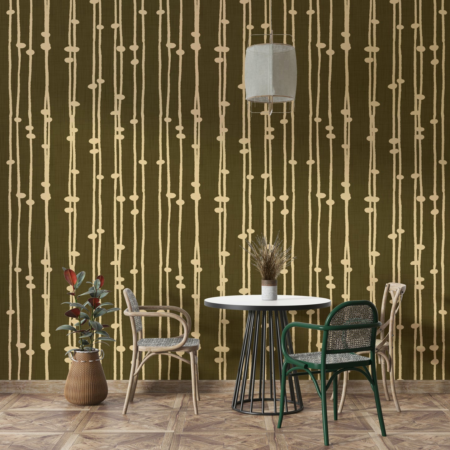 A minimalist home office with the boho striped wallpaper.

