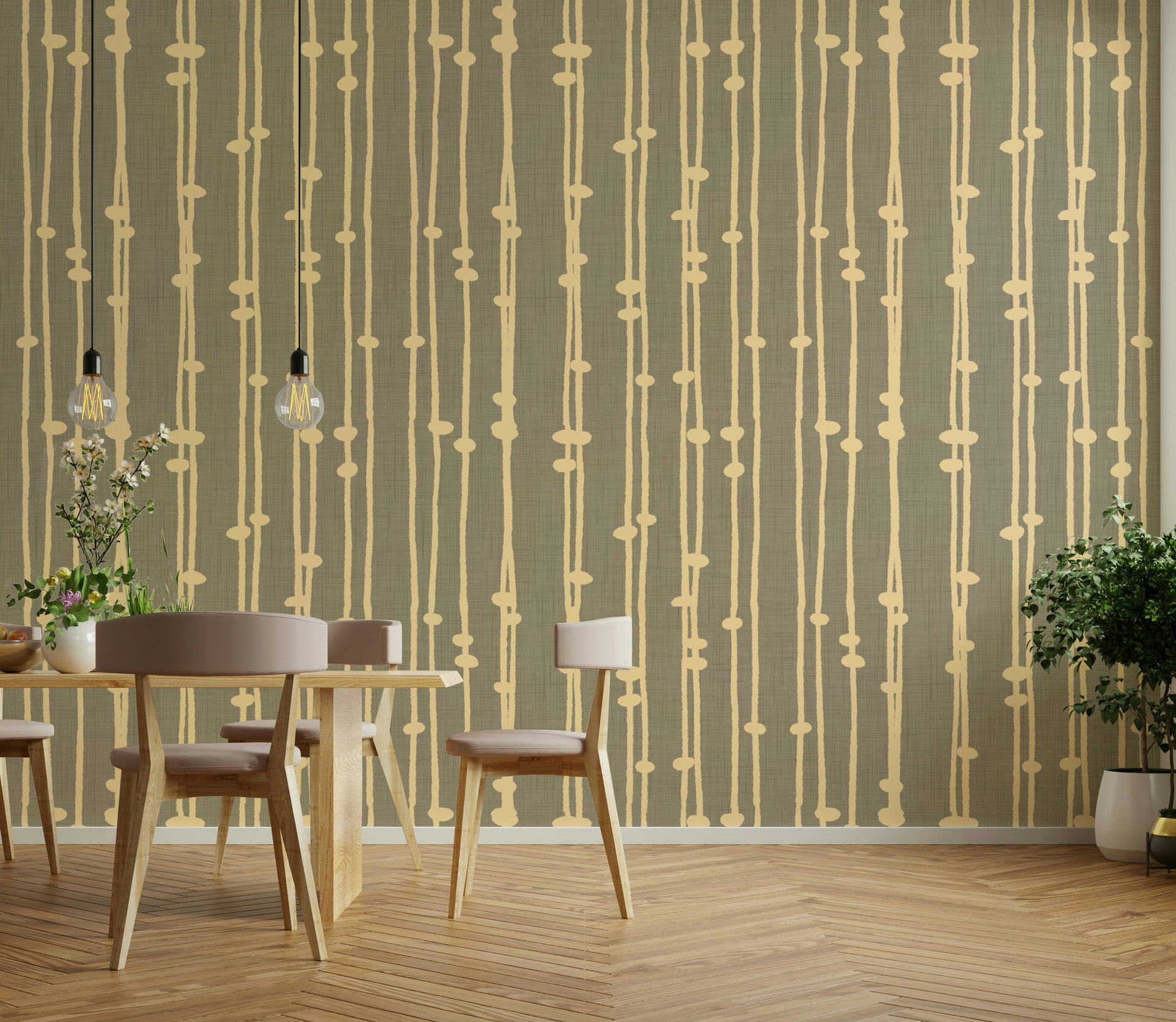 A contemporary living room with a boho striped wall mural.