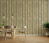 A contemporary living room with a boho striped wall mural.