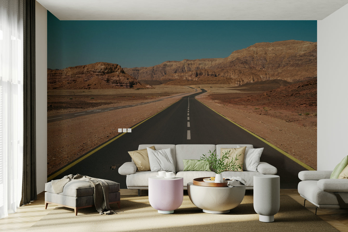 A living room featuring the desert road wall mural.