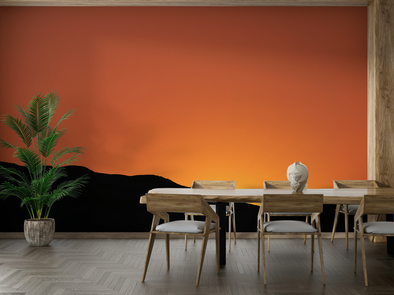 A contemporary living room with a large mountain landscape wall mural.