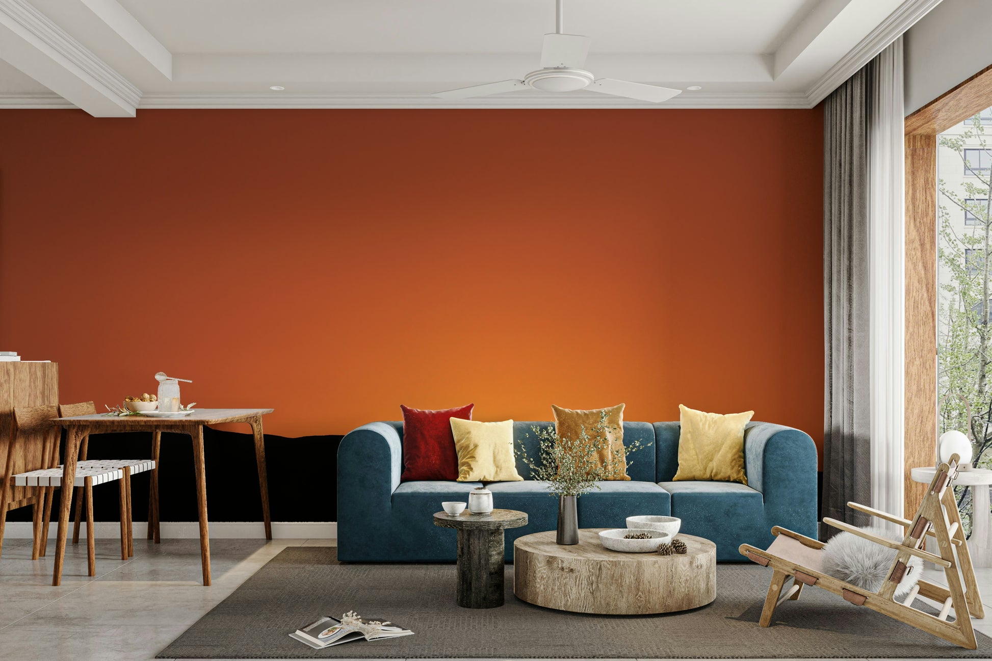 The wallpaper is used to create a feature wall in a dining room.