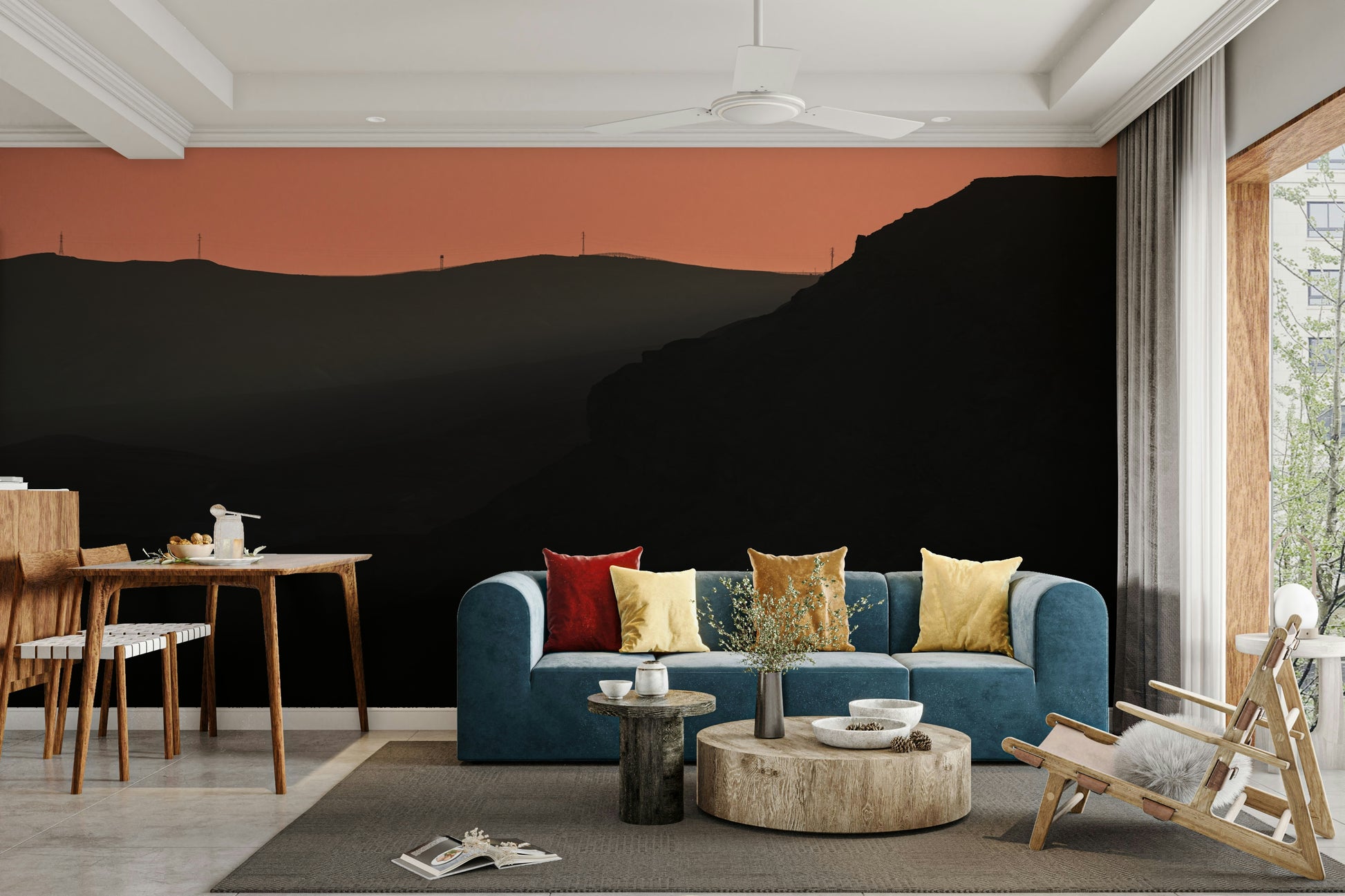 A close-up of the layered, misty mountains at dusk.