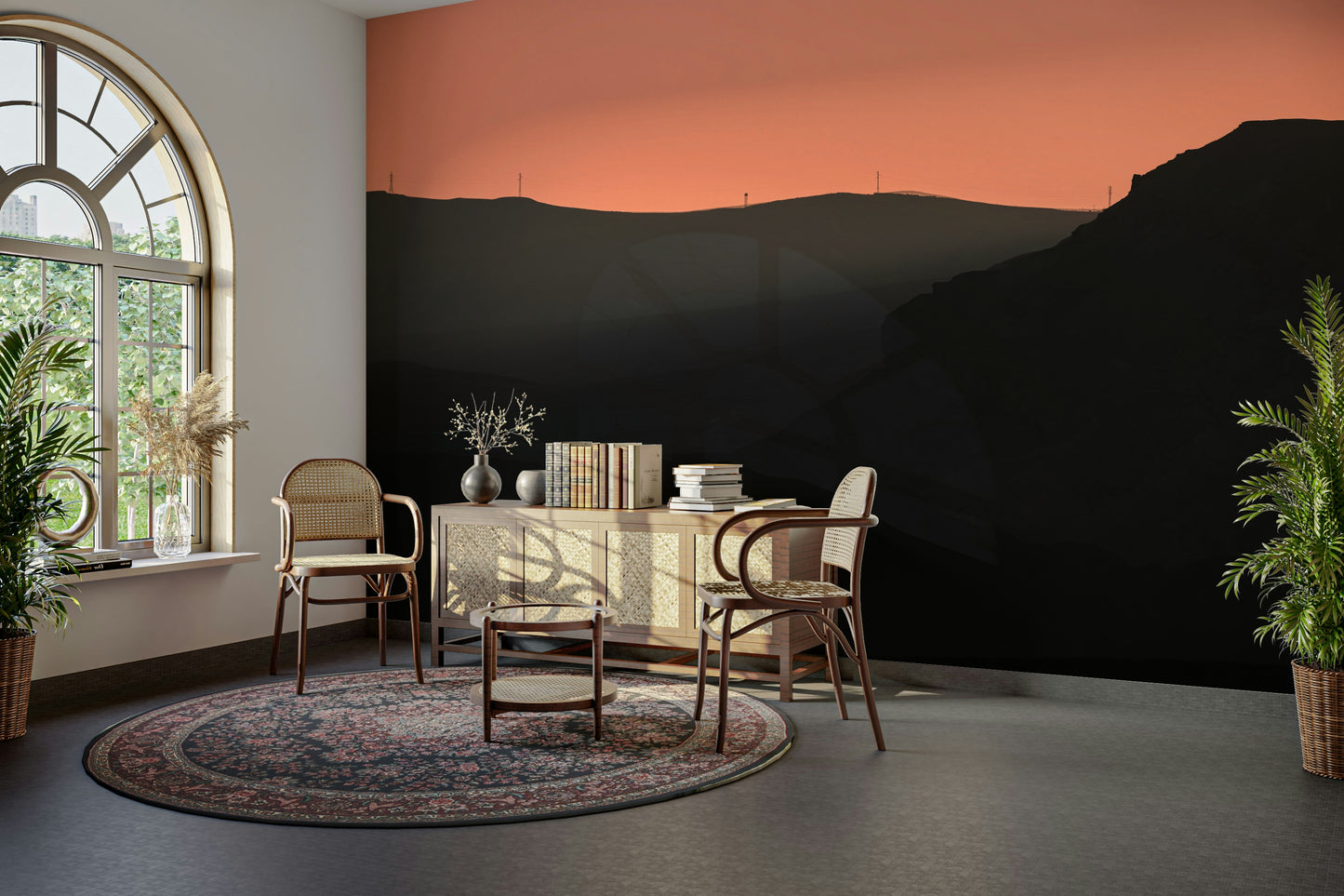 A contemporary living room with a large mountain landscape wall mural.
