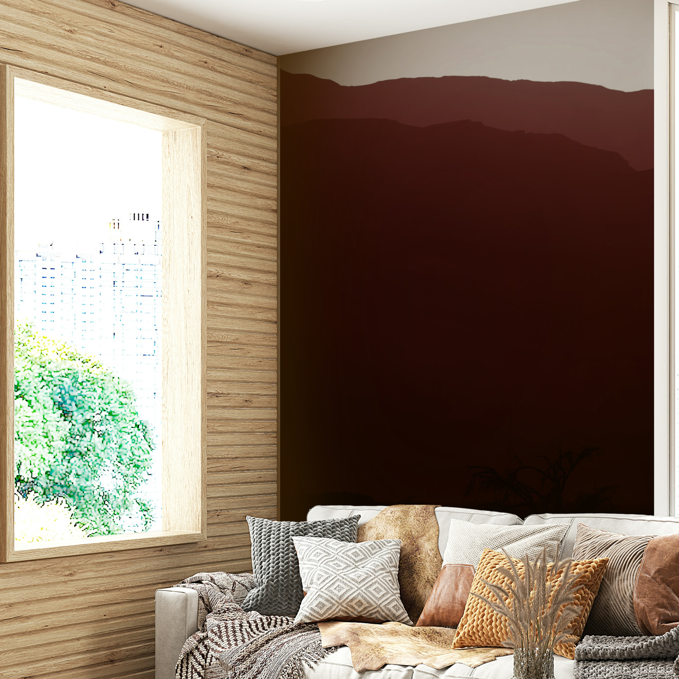 A contemporary living room with a large mountain landscape wall mural.