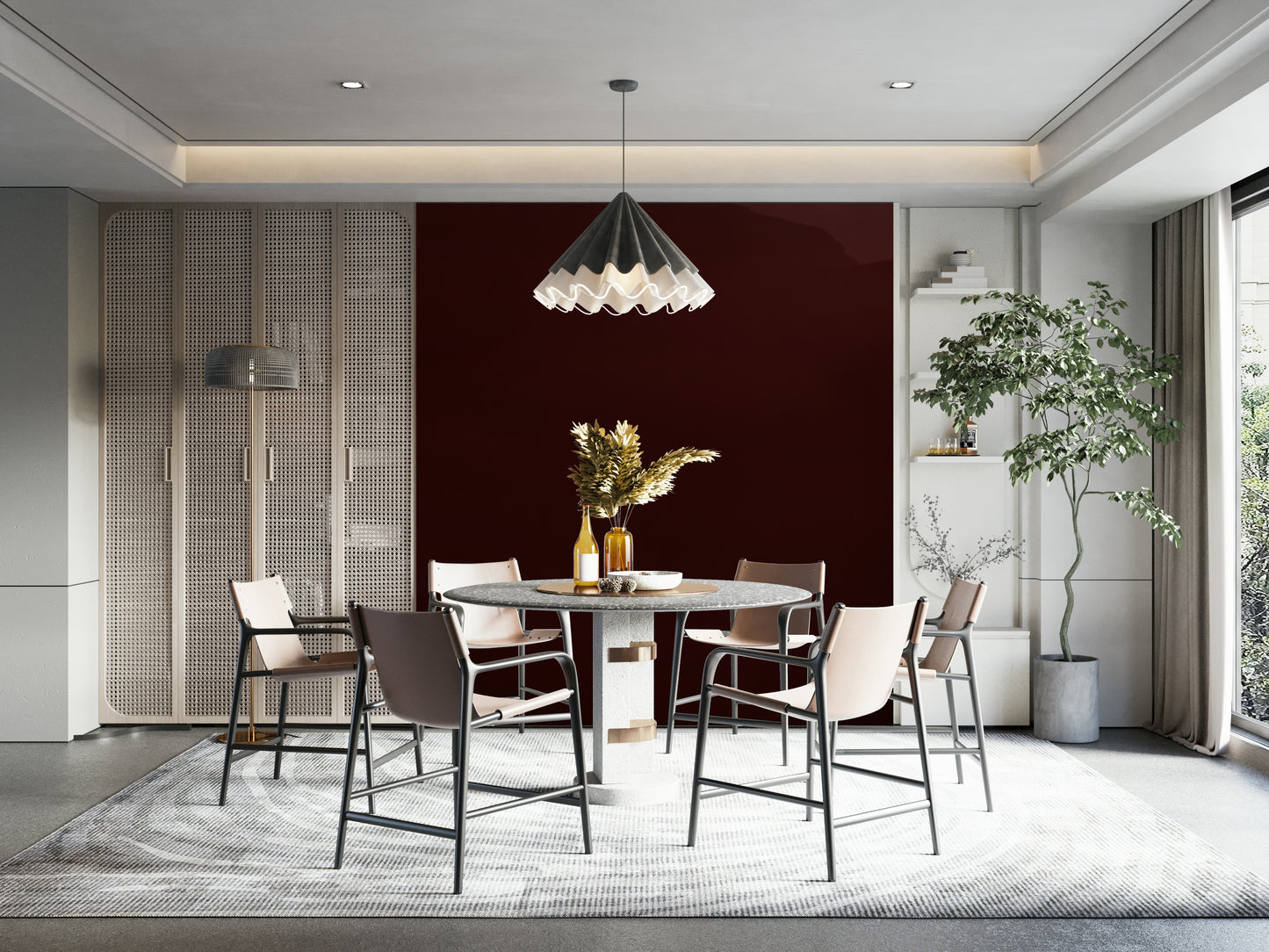 A minimalist home office with the scenic mountain wallpaper.