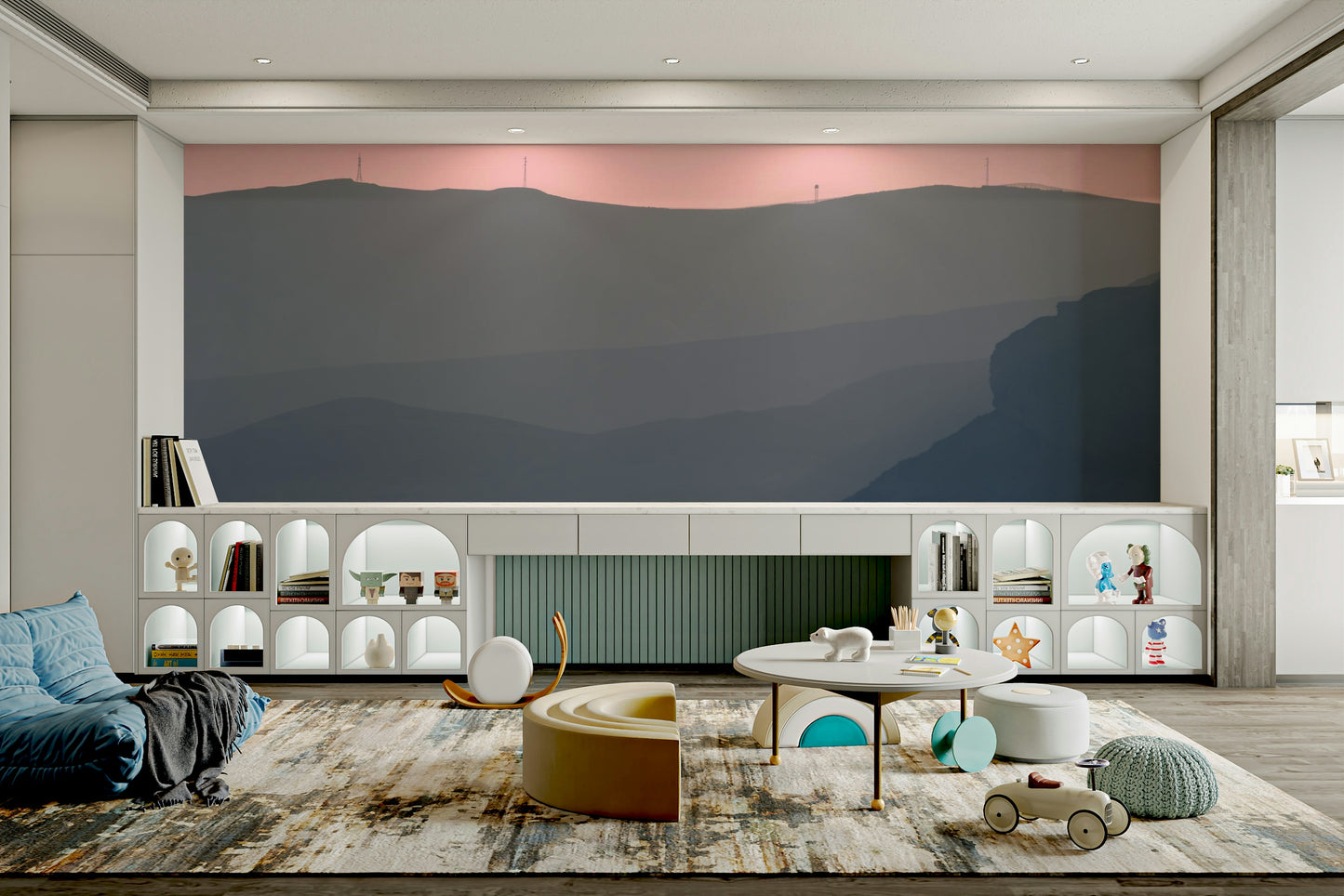 A minimalist home office with the scenic mountain wallpaper.