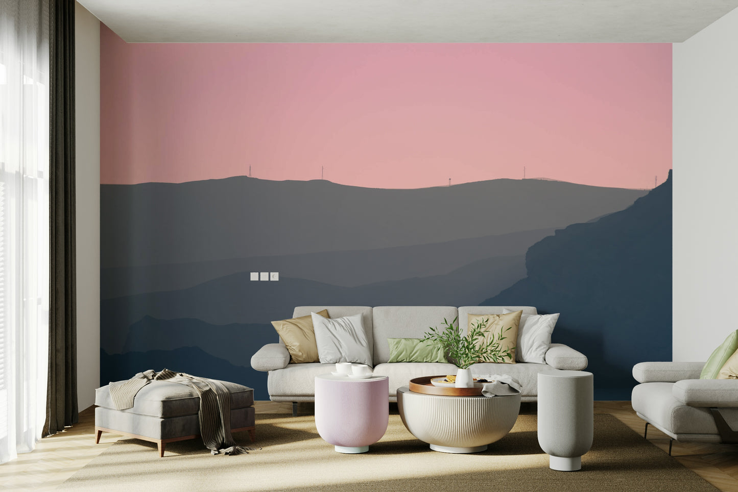 A close-up of the layered, misty mountains at dusk.