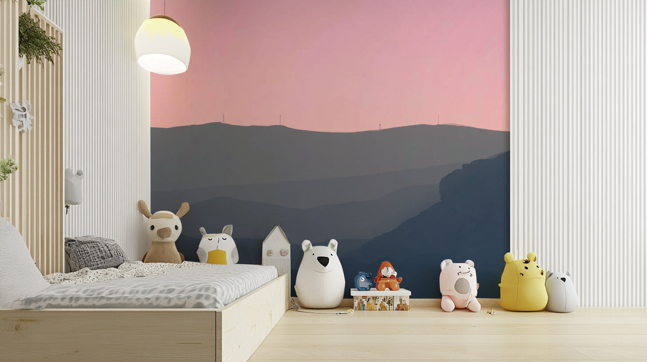 A contemporary living room with a large mountain landscape wall mural.