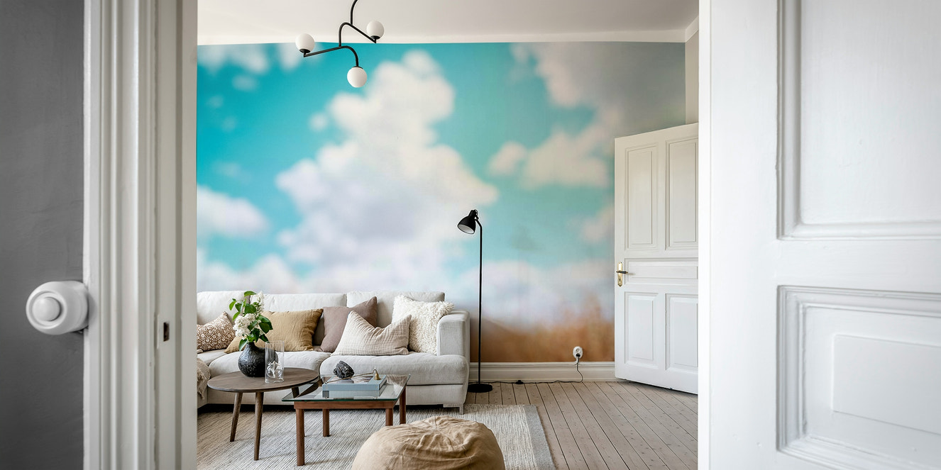 A contemporary living room with a dreamy abstract wall mural.
