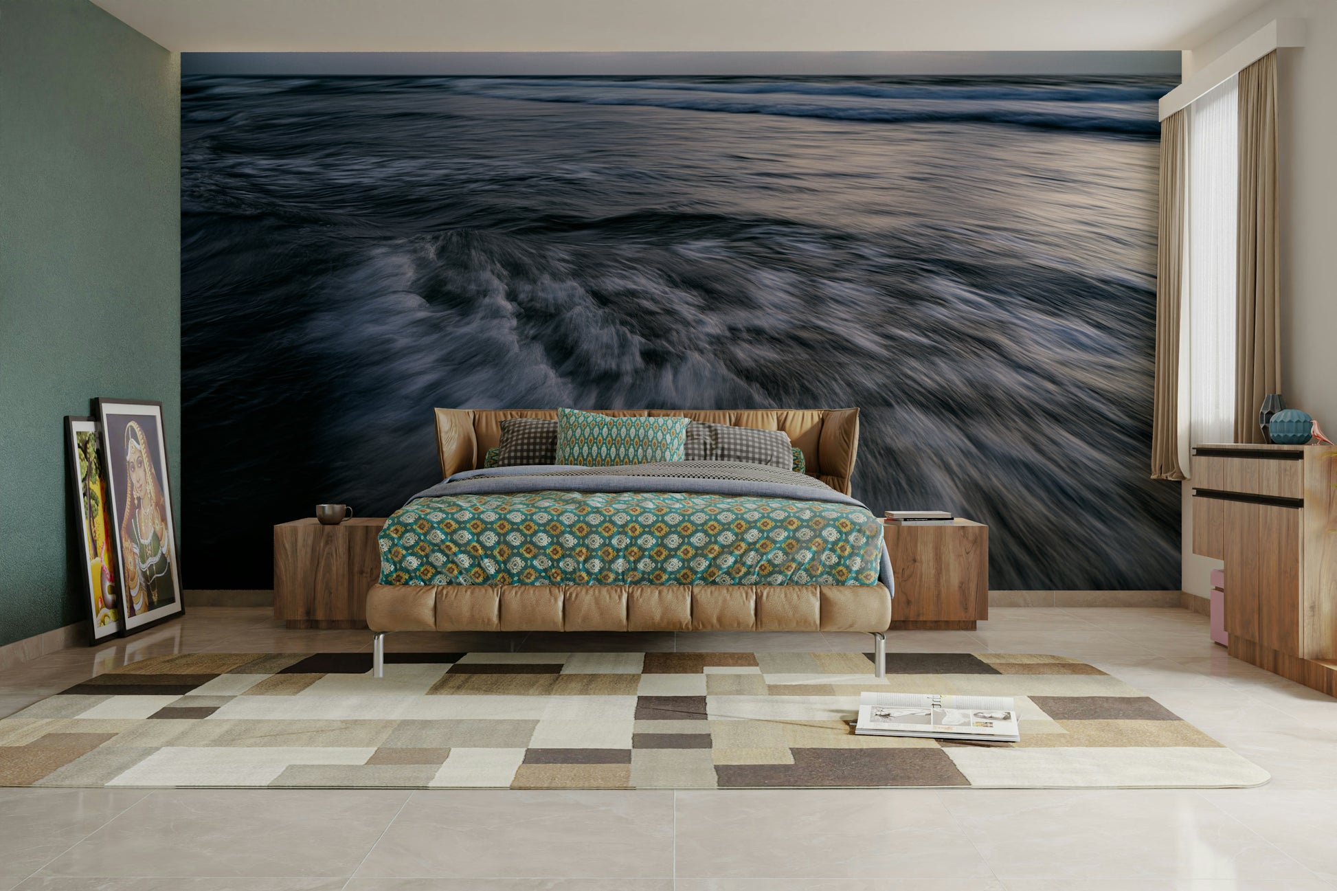 A bedroom with the wall mural behind the headboard.