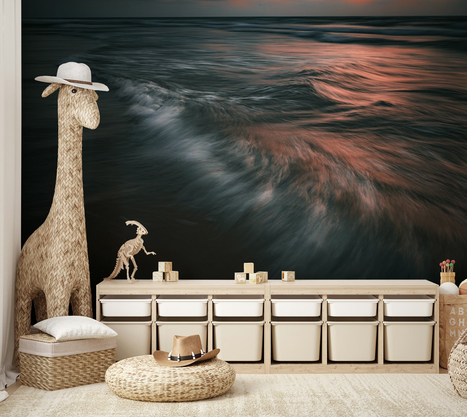 A bedroom with the wall mural behind the headboard.