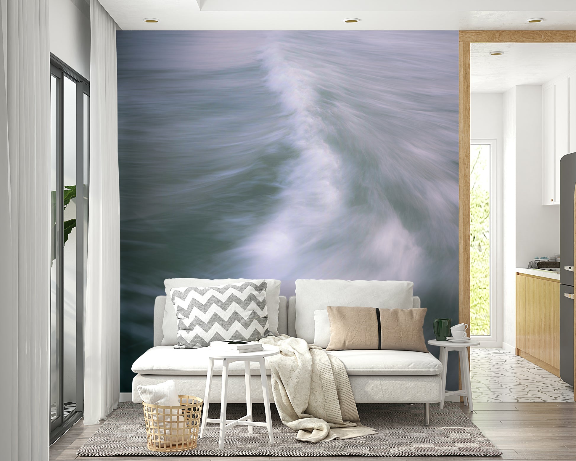 A minimalist home office with the abstract wave wallpaper.