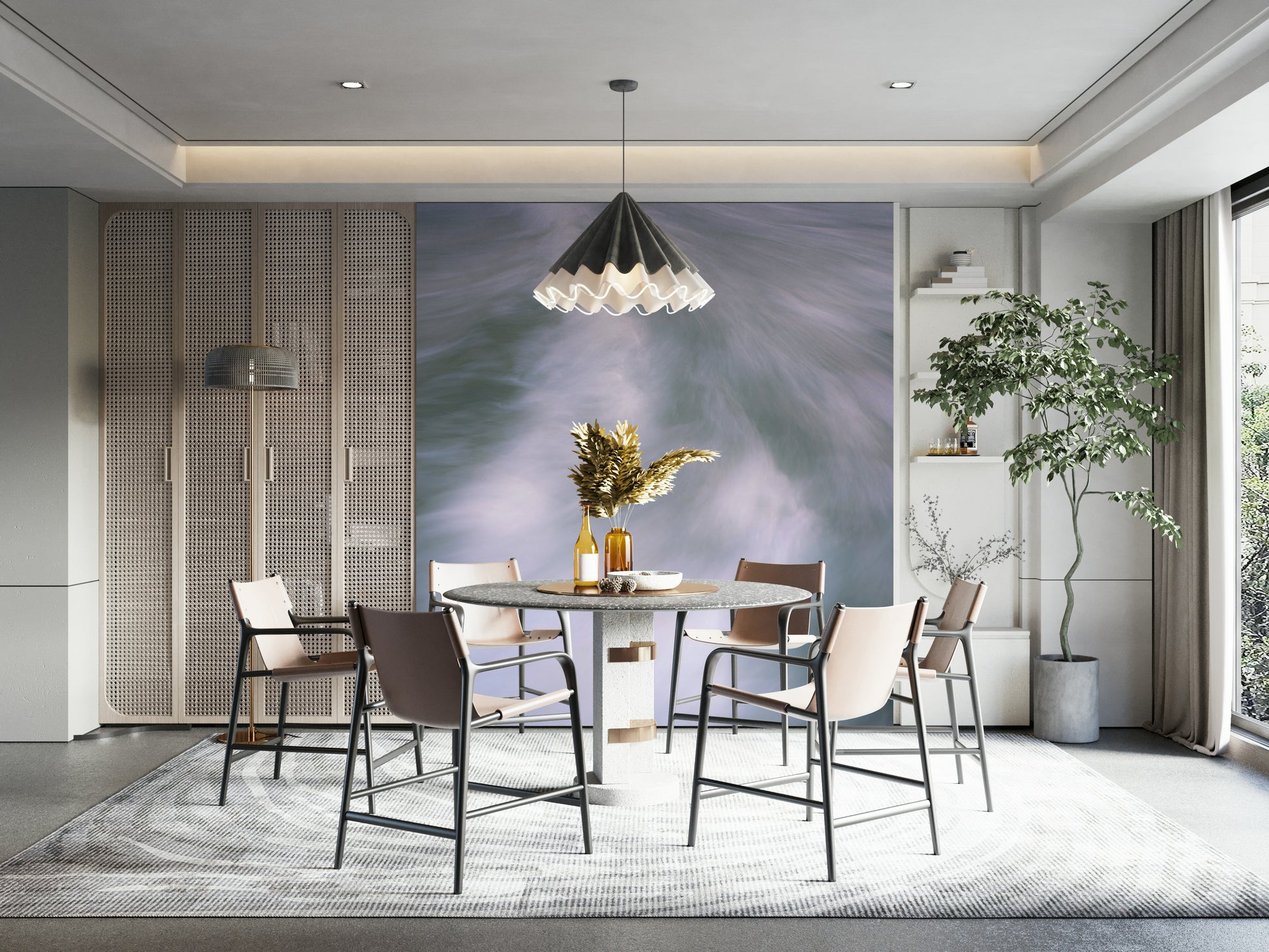 A contemporary living room with a large ocean wave wall mural.