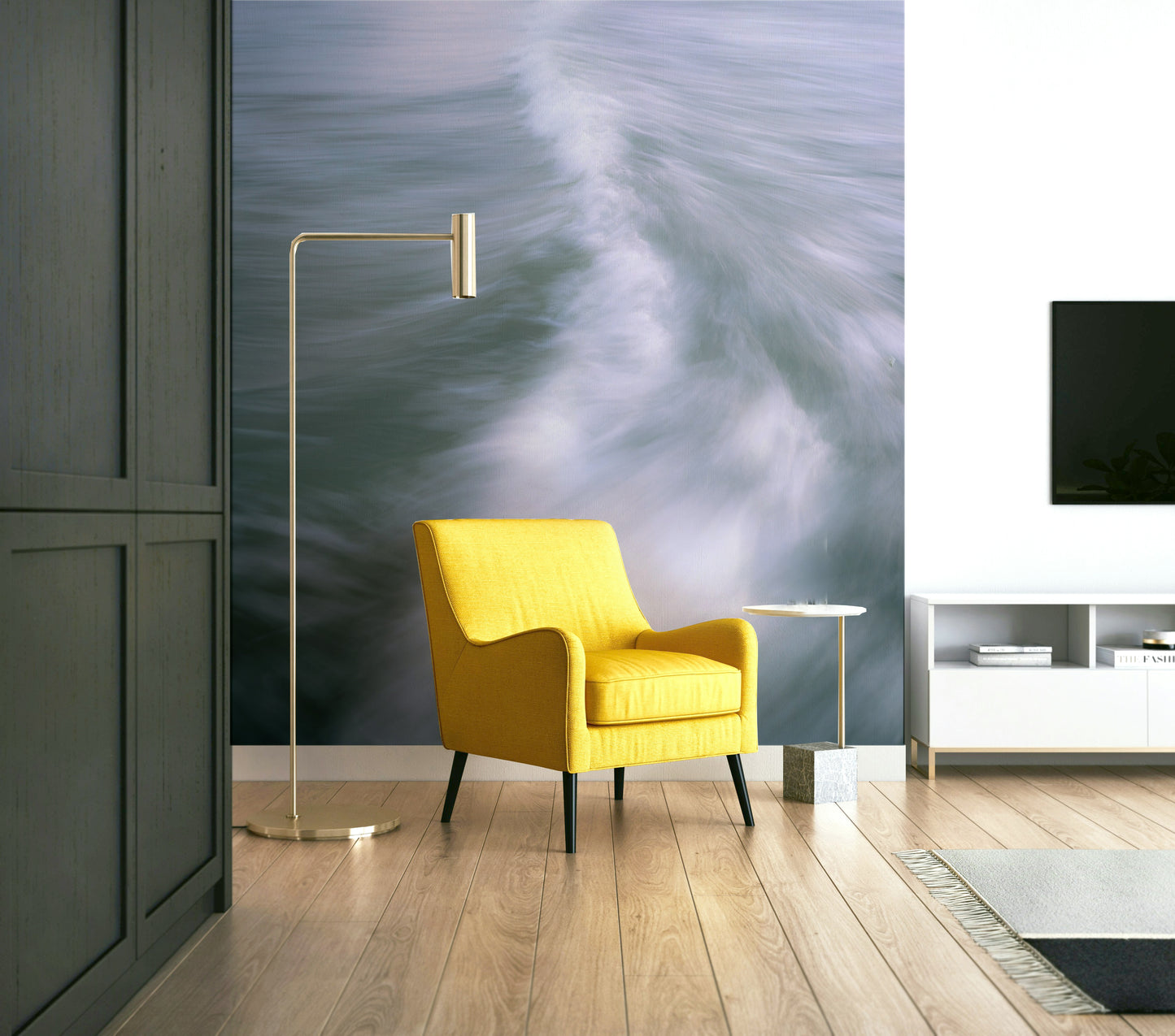 An angled shot of the mural's gentle color palette.