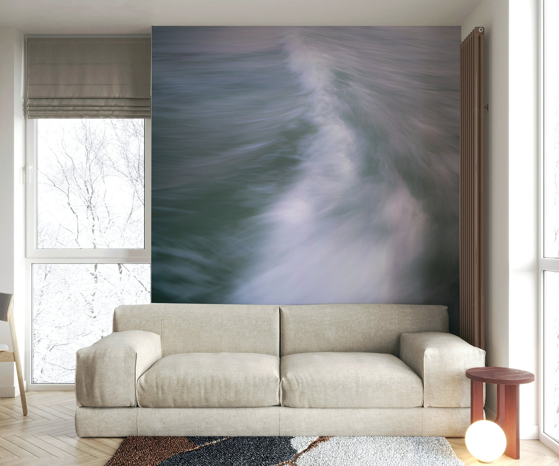 A high-angle view of the wall mural in a large space.