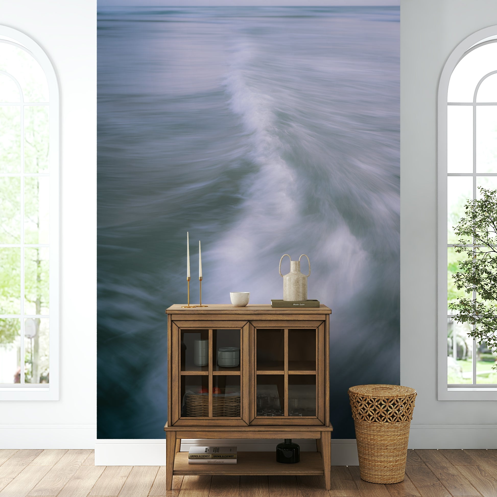 A detail shot of the flowing lines in the wallpaper.