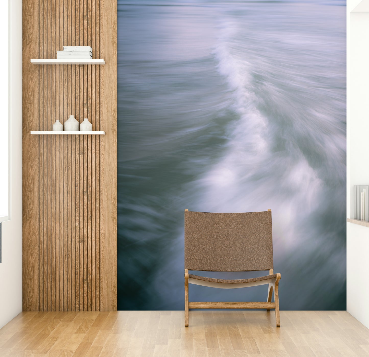 The wallpaper is used to create a feature wall in a dining room.