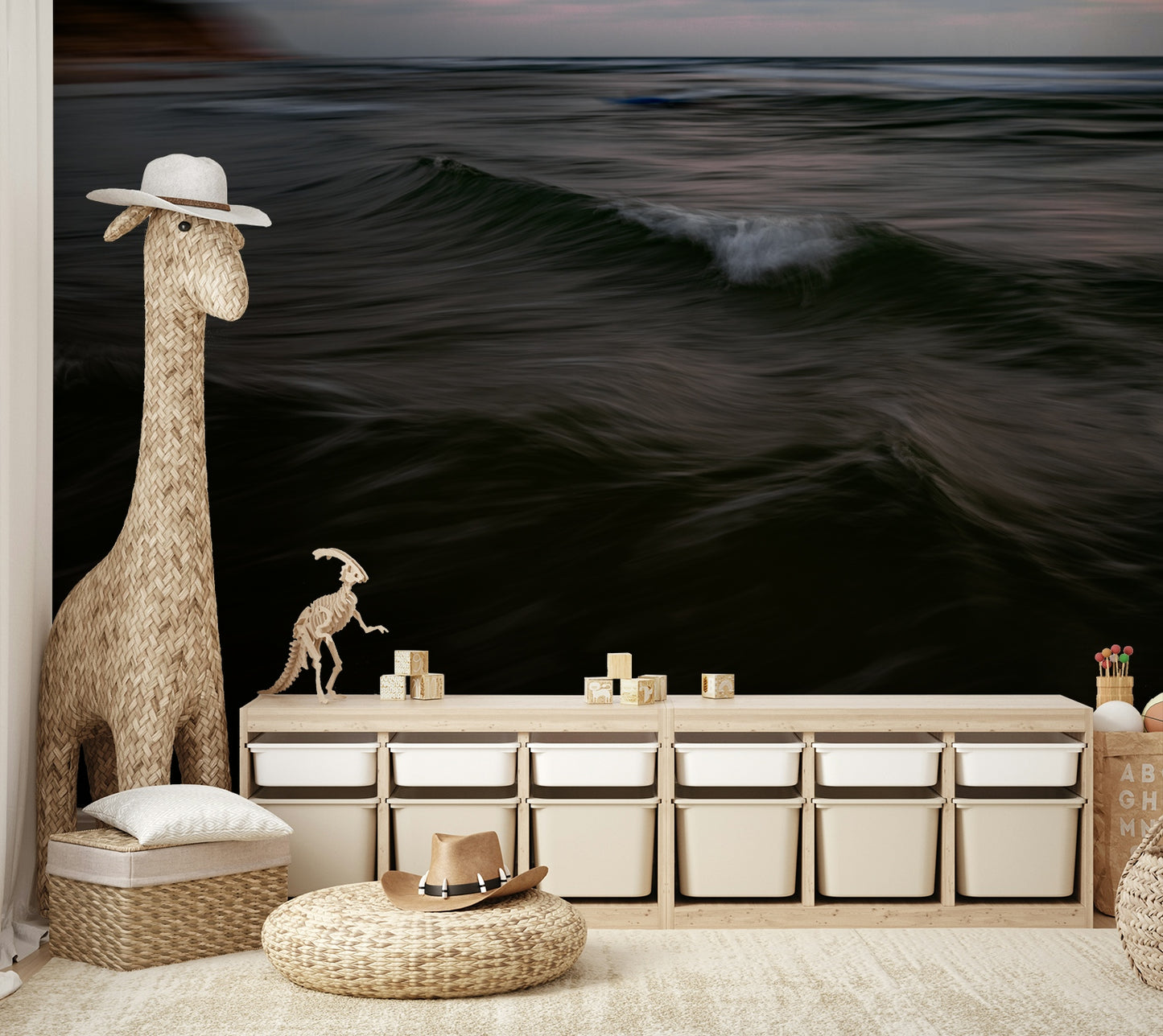 The wallpaper is used to create a feature wall in a dining room.