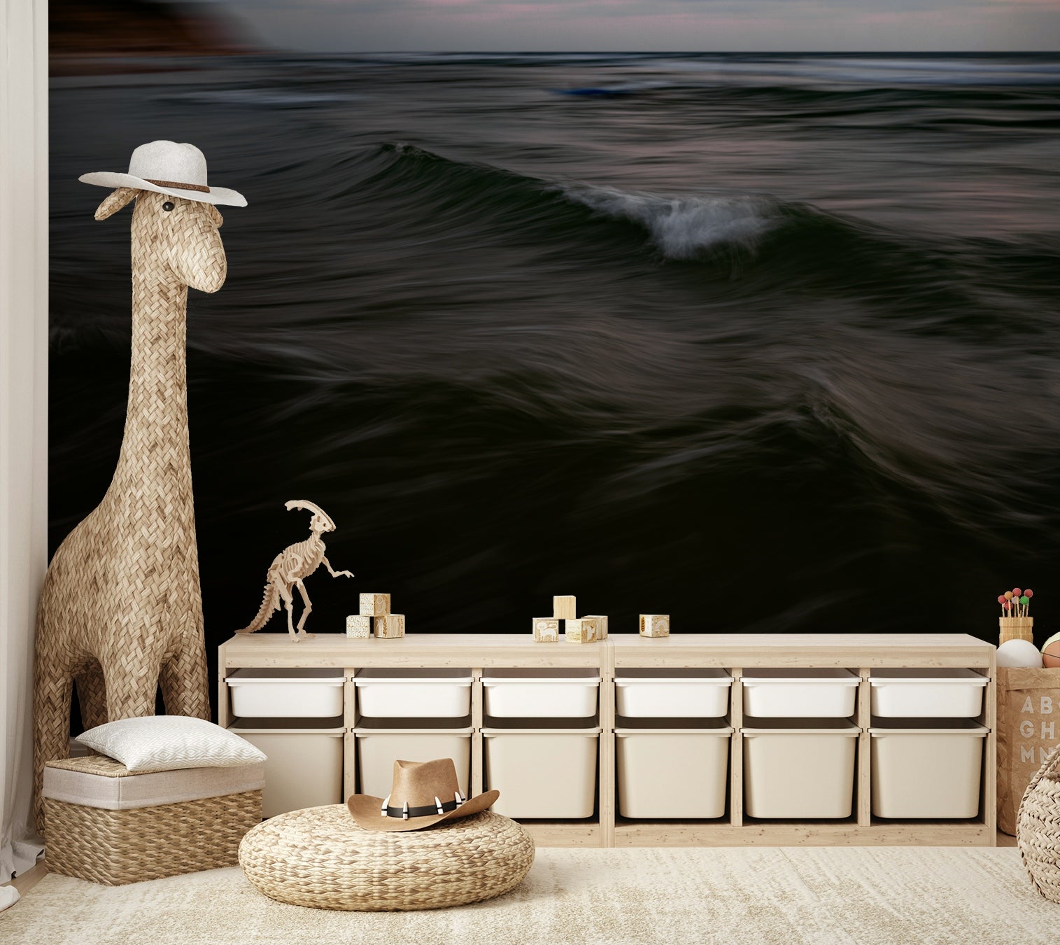 The wallpaper is used to create a feature wall in a dining room.