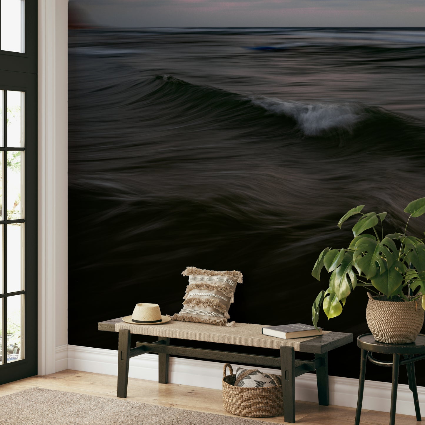 The peel and stick wallpaper on a smooth wall surface.