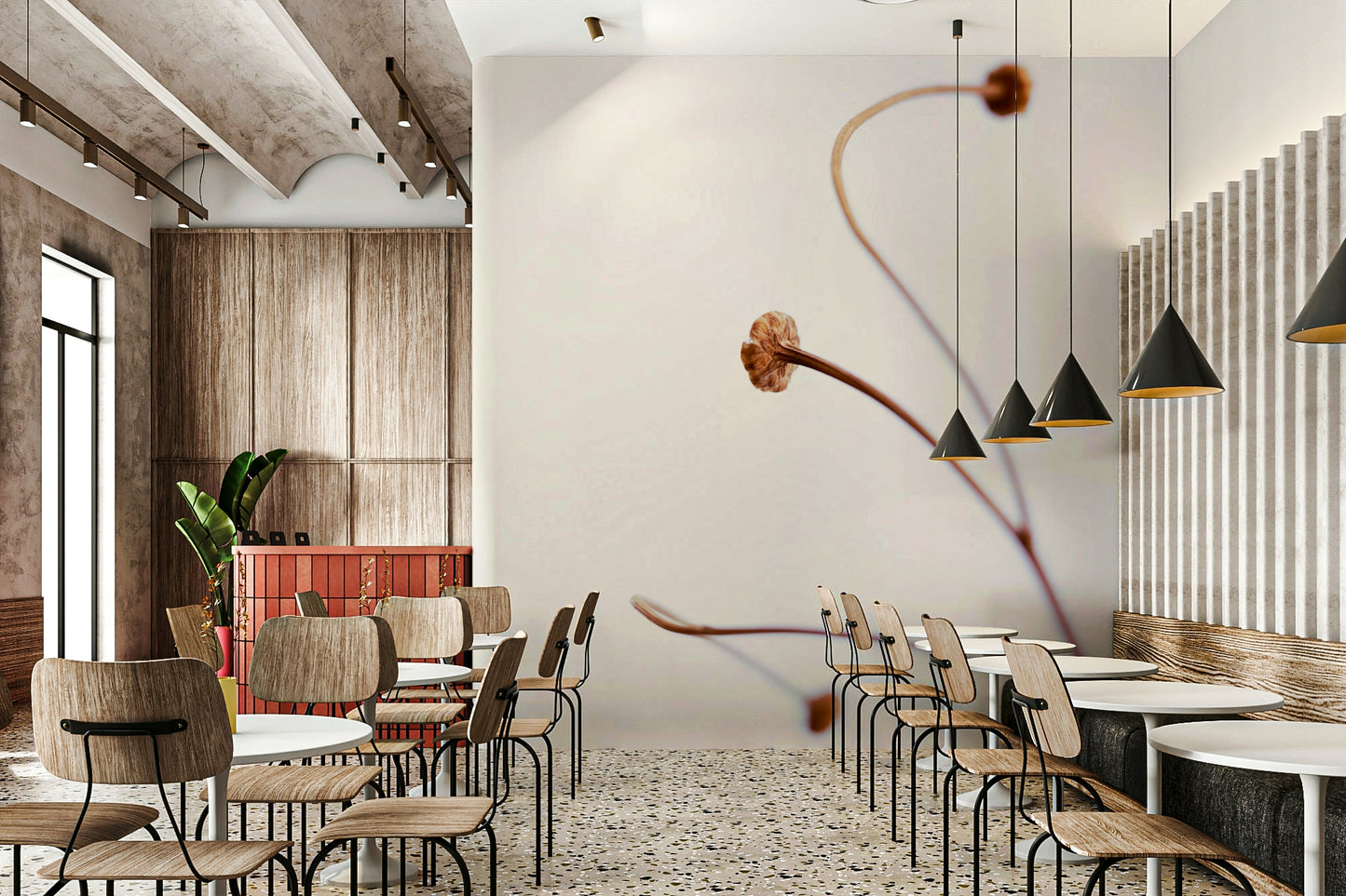 A minimalist home office with the abstract wallpaper.