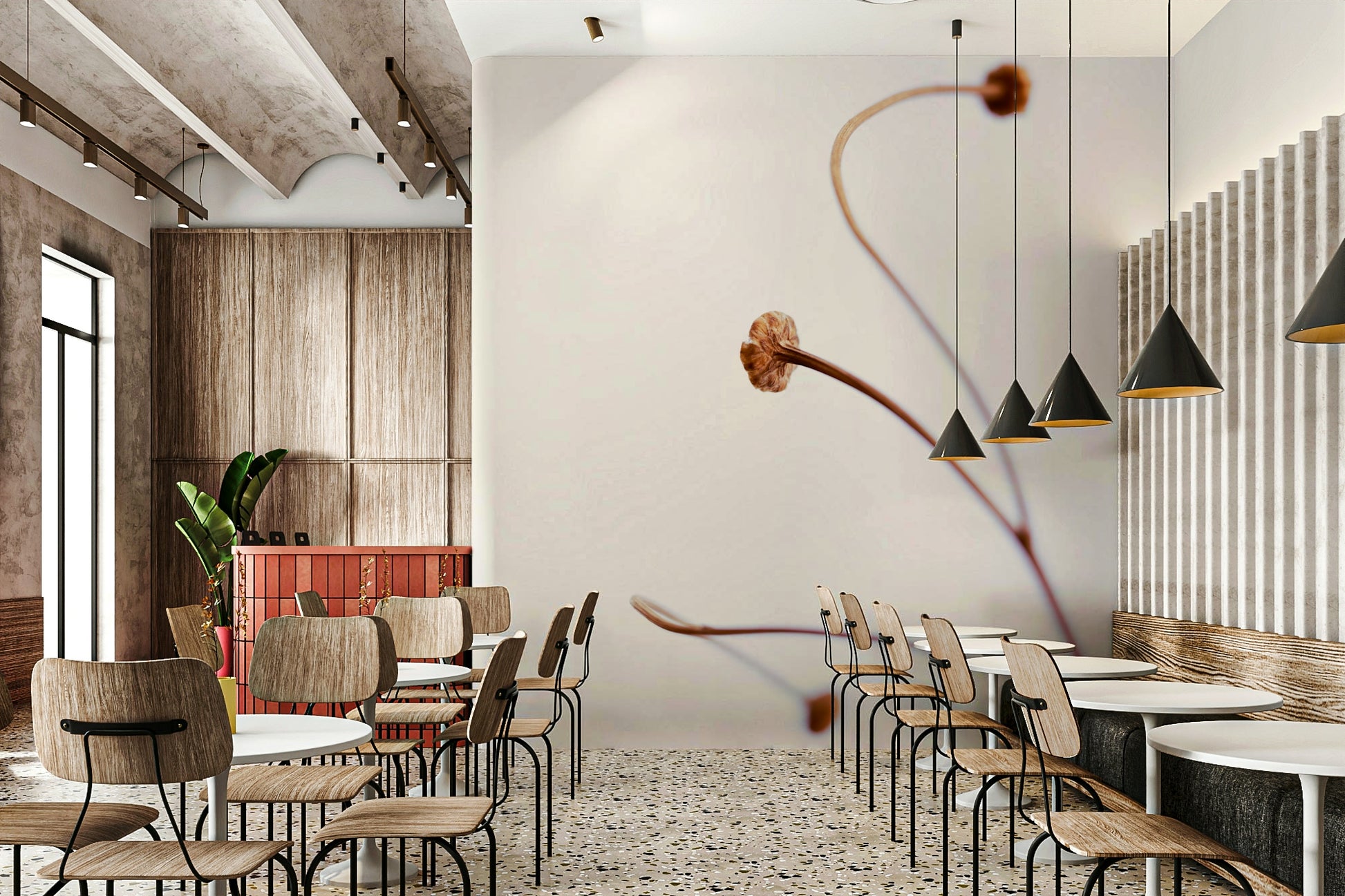 A minimalist home office with the abstract wallpaper.