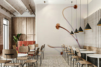 A minimalist home office with the abstract wallpaper.