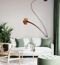 A contemporary living room with a large abstract wall mural.