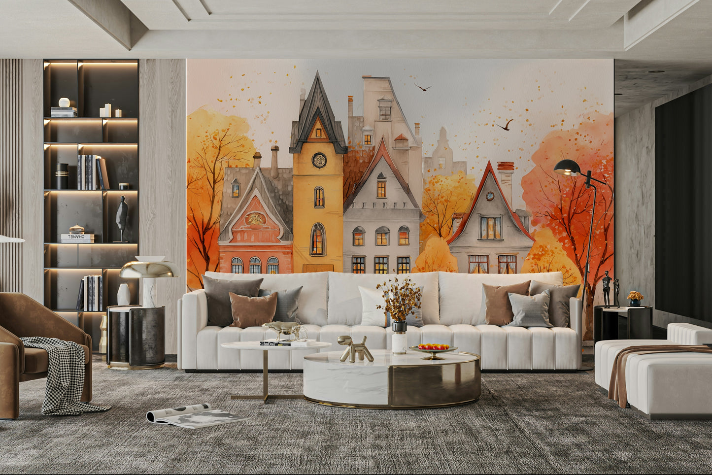 A classic autumn mural with a village setting.