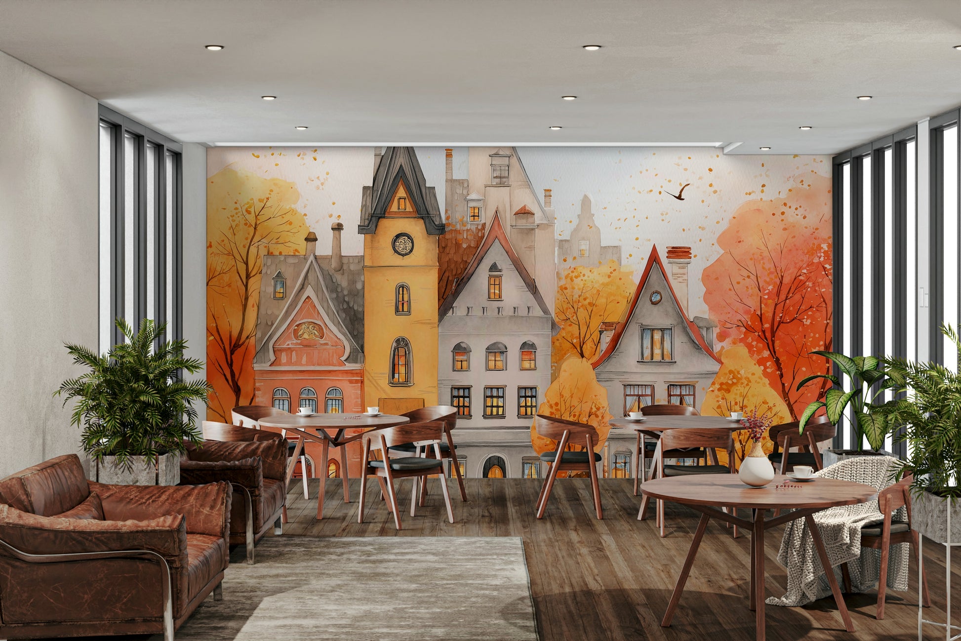 An elegant wall mural with a watercolor art style.