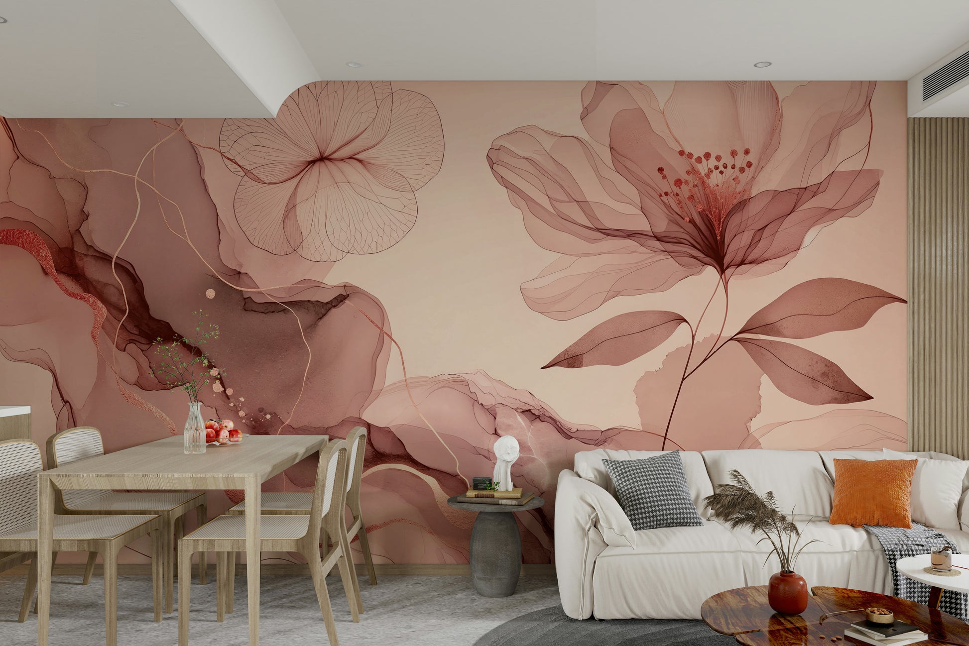 An artistic abstract leaf mural for home decor.

