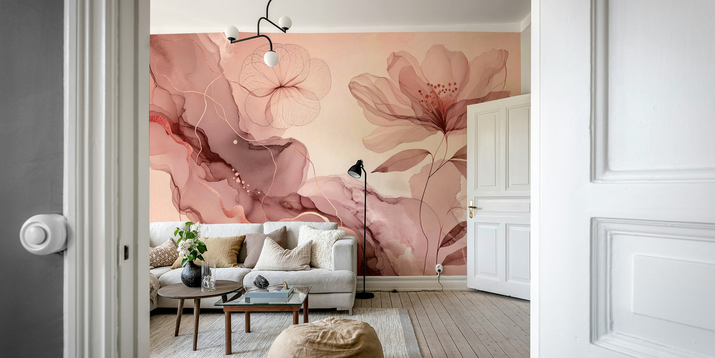 A beautiful sage garden wallpaper mural with rose gold detail.

