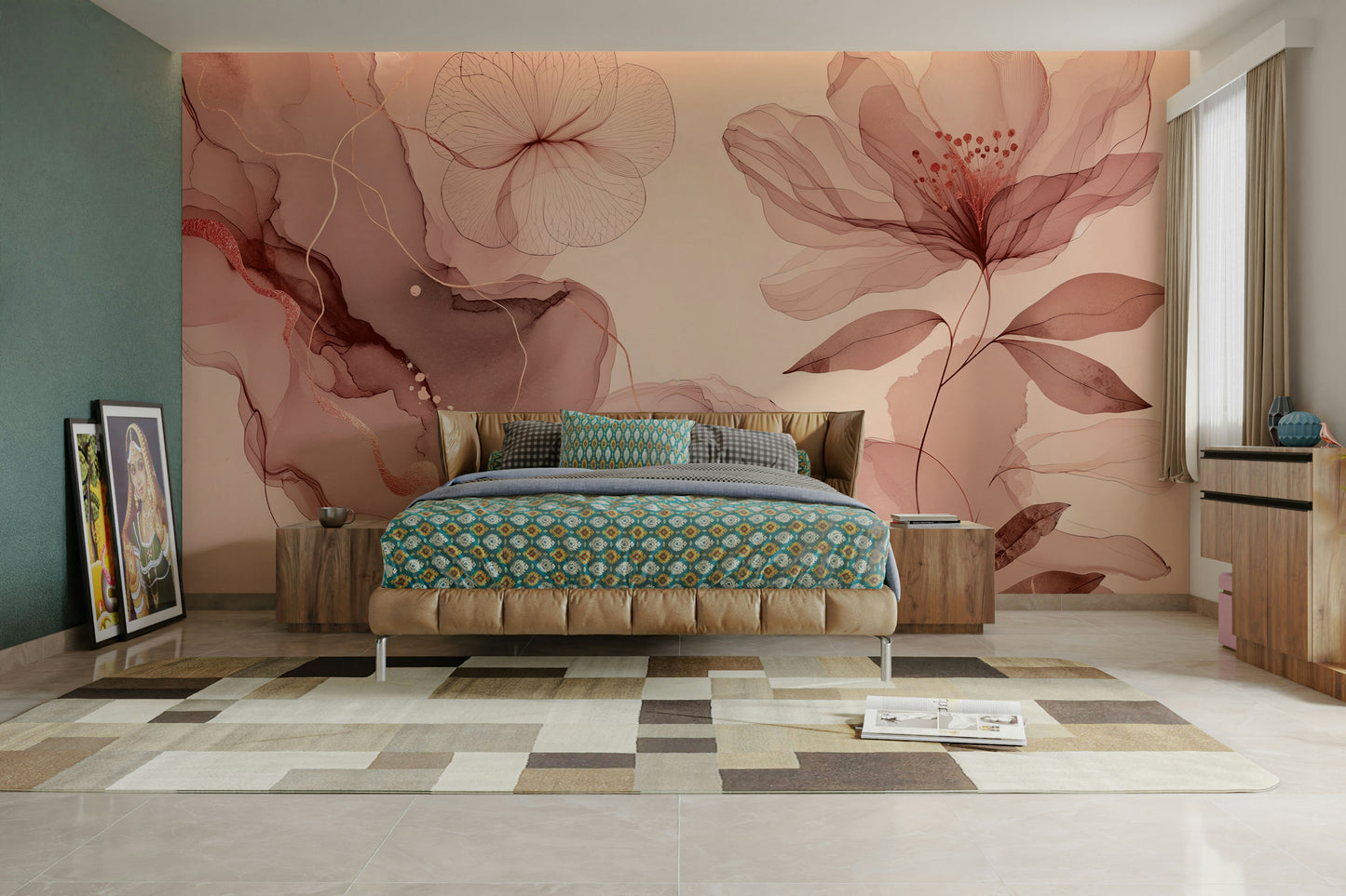 A calming landscape wallpaper mural that defines a space.

