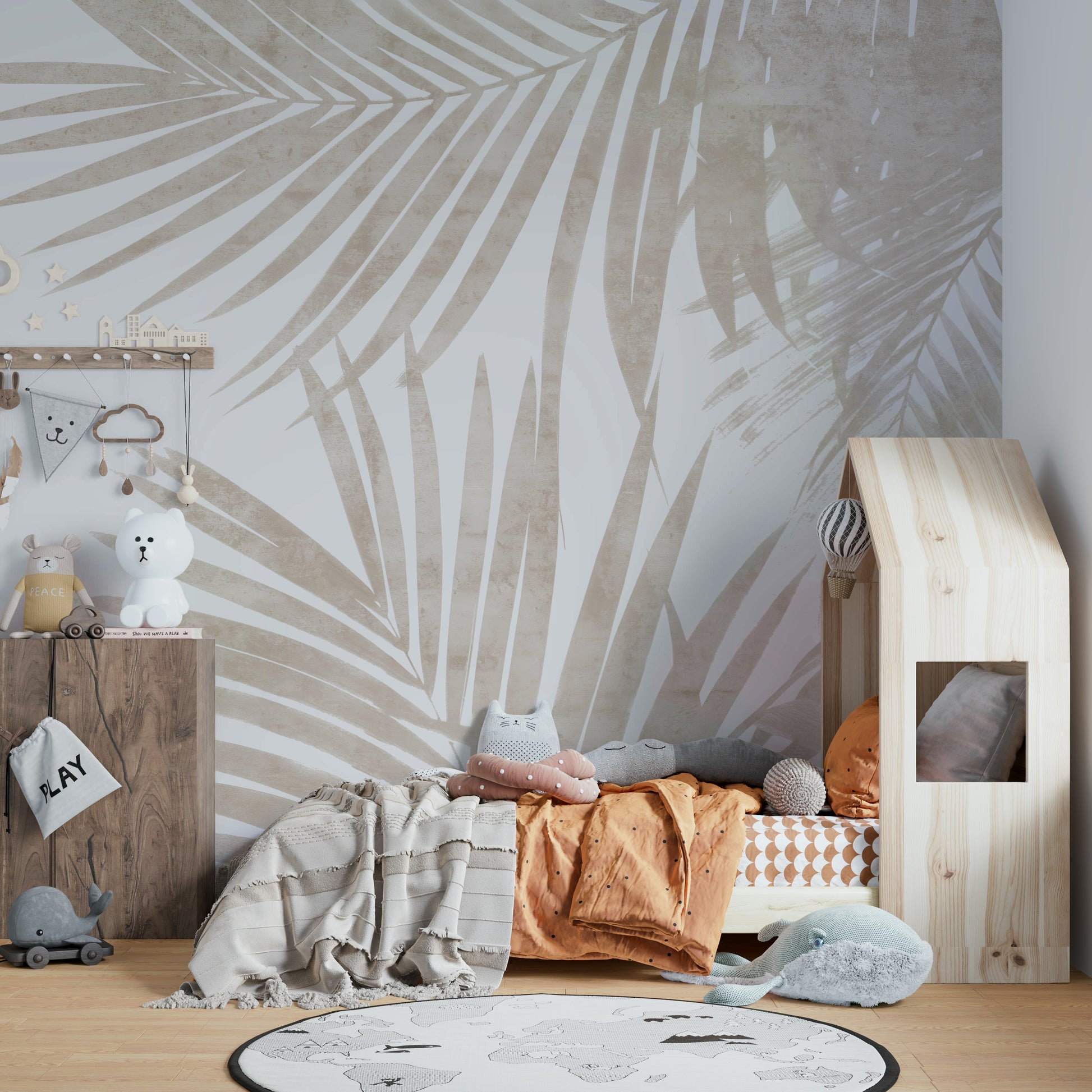 A classic botanical wallpaper for walls in soft beige.

